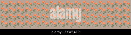 Dekoratives Muster mit hellen Elementen. Nahtloses Blumenmuster auf einem gedämpften taupefarbenen Hintergrund. Illustration mit vereinfachten Blüten- und Blattformen Stockfoto