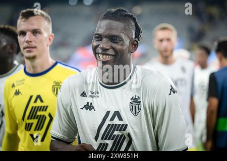 Brea Embolo lächelt beim Joan Gamper Trophy Spiel zwischen dem FC Barcelona und AS Monaco bei der Estadi Olimpic LluÌs Company. Endergebnis; FC Barcelona 0:3 ALS Monaco Stockfoto