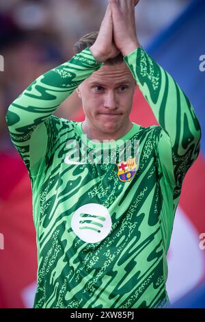 Torhüter Marc-André ter Stegen (FC Barcelona) gibt beim Joan Gamper Trophy Spiel zwischen dem FC Barcelona und AS Monaco bei der Estadi Olimpic Lluís Company Gesten. Endstand; FC Barcelona 0:3 AS Monaco (Foto: Felipe Mondino / SOPA Images/SIPA USA) Stockfoto