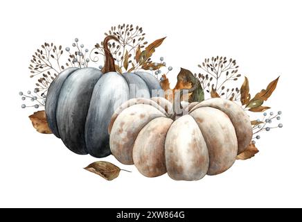 Weißer und schwarzer Kürbis mit Herbstblättern, verschiedene trockene Zweige. Handgezeichnete Aquarellillustration im Vintage-Stil. Das Bild ist für H geeignet Stockfoto