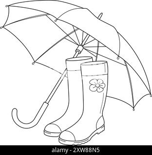 Regenschirm und Gummistiefel. Handgezeichnete Schwarzweiß-Strichgrafik-Illustration. Kunsttherapie im Doodle-Stil für Kinder und Erwachsene. Vektorabbildung Stock Vektor