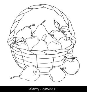 Obstkorb mit Äpfeln und Birnen Ausmalseite für Kinder und Erwachsene. Ernte Äpfel und Birnen. Handgezeichnete Schwarzweiß-Vektor-Illustration Stock Vektor