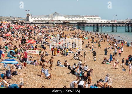 Brighton, 17. August 2024: Menschenmassen genießen das herrliche August-Wetter am Brighton Beach heute Nachmittag Stockfoto