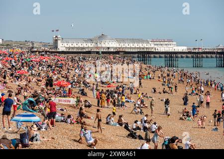 Brighton, 17. August 2024: Menschenmassen genießen das herrliche August-Wetter am Brighton Beach heute Nachmittag Stockfoto