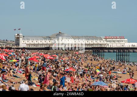 Brighton, 17. August 2024: Menschenmassen genießen das herrliche August-Wetter am Brighton Beach heute Nachmittag Stockfoto