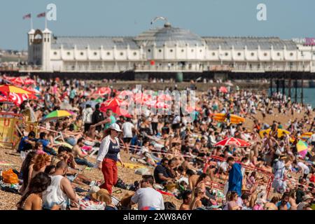 Brighton, 17. August 2024: Menschenmassen genießen das herrliche August-Wetter am Brighton Beach heute Nachmittag Stockfoto