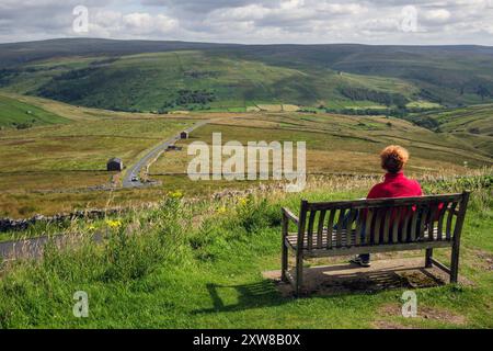 Eine Frau, die auf einer Bank sitzt, um den Blick auf Swaledale vom Buttertubs Pass, Yorkshire Dales National Park, North Yorkshire, zu bewundern Stockfoto