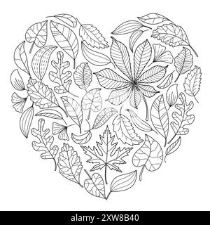 Herbstliche Blätter. Kastanie, rowan, Espen, Eiche, Ahorn, Doodle-STYLE. Handgezeichnet schwarz-weiß isoliert. Herbstlaub Malseite Kunsttherapie für Kinder und Erwachsene. Stock Vektor