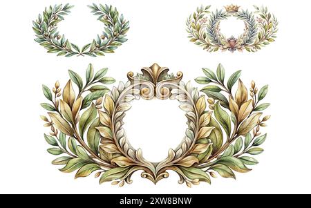 Lorbeerkranz Aquarell Vintage Barock Rahmen Grenze Monogramm florale heraldische Schild Blatt gravierte Blume Tattoo Vektor Illustration, Stock Vektor