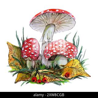 Fliegen Sie Agaren Pilze unterschiedlicher Größe mit Blättern, Gras, Zweigen und Beeren. Herbstkomposition. Ein Waldmotiv. Aquarellabbildung Stockfoto