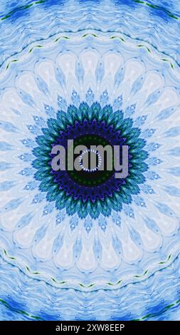 Detailliertes lebhaftes blaues kaleidoskopisches Mandala-Muster mit faszinierender kreisförmiger Design-Kunst-Illustration abstraktem Hintergrund. Stockfoto