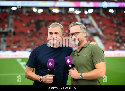 Von links nach rechts Stefan Kuntz (Sportdirektor HSV Hamburg Hamburg Hamburg), Matthias OPDENHOEVEL (Opdenhovel)(Moderator)ran, Sat 1, sat1 Fußball DFL Supercup, Bayer 04 Leverkusen (LEV) - VfB Stuttgart (S) 4:3 IE, am 17. August .2024 in Leverkusen/Deutschland. #DFL-Vorschriften verbieten die Verwendung von Fotos als Bildsequenzen und/oder Quasi-Video # Stockfoto