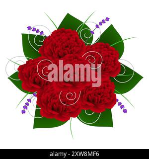 Bouquet mit roten Pfingstrosen und Lavendelblüten mit grünen Blättern. Stock Vektor