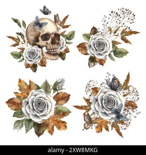 Realistisches Schädelskelett, weiße Vintage Rosen. Kompositionen mit Herbstblättern, Zweigen und Schmetterlingen. Aquarellset für Herbst Halloween A Stockfoto