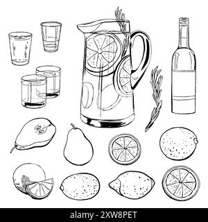 Erfrischungen mit Früchten und Beeren. Sangria Illustrationsset. Schwarzer Vektor-Umriss Getränk Illustration Set isoliert auf weiß für Konditoreien, Stock Vektor