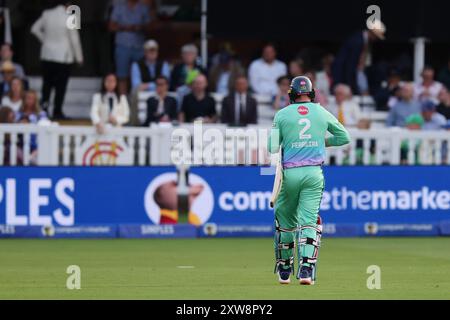 Donovan Ferreira von Oval Invincibles verlässt das Spielfeld, nachdem er beim Hundred Men's Final in Lord's, London, von Kieron Pollard aus Southern Brave gefangen wurde. Bilddatum: Sonntag, 18. August 2024. Stockfoto