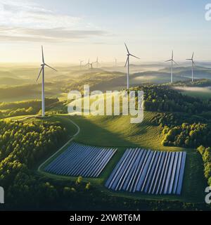 Die Luftaufnahme zeigt Windturbinen und Solarpaneele, die sich in einer grünen Landschaft vermischen und die Bemühungen um erneuerbare Energien veranschaulichen Stockfoto