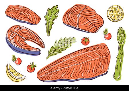 Set im Line Art Stil mit verschiedenen Lachsschnitten, Zitronenscheiben, Spargel, Tomaten und Kräutern. Lebendiges Design mit frischen und ansprechenden Meeresfrüchten Stock Vektor