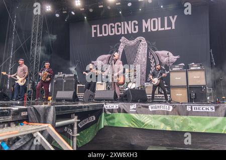 Die irisch - US-amerikanische Folk-Punk-Rock Band Peitschen Molly live auf dem Highfield 2024 Gesang, Folk-Gitarre, Bodhran Dave King Mandoline, Banjo Robert Schmidt E-Bass Nathen Maxwell E-Gitarre Dennis Casey Fiddle, Tin Whistle, Uilleann Pipes, Akustische Gitarre Bridget Regan Schlagzeug Mike Alonso Akkordeon Matthew Hensley Highfield Tag 3 - Auspeitschen Molly *** die irisch-US Folk Punk Rock Band Auspeitschen Molly live bei Highfield 2024 Gesang, Folk Gitarre, Bodhran Dave King Mandolin, Banjo Robert Schmidt Electric Bass Nathen Maxwell Electric Gitarre Dennis Casey Fiddle, Tin Whistle, Uilleann-Rohre Stockfoto