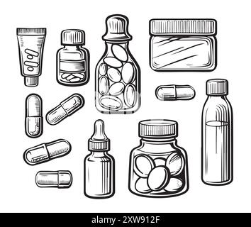 Medizinische Kritzeleien. Handgezeichnete Symbole auf weißem Hintergrund isoliert. Vektorgrafik. Stock Vektor