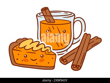 Kawaii-Essen im Herbst. Happy Thanksgiving Day und Halloween traditionelle süße Symbole. Stock Vektor