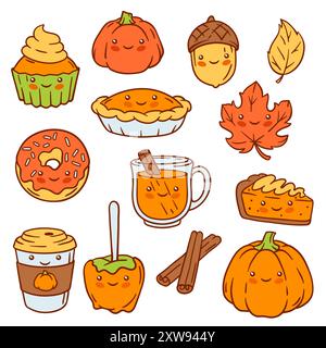Kawaii-Charaktere im Herbst. Happy Thanksgiving Day und Halloween traditionelle süße Symbole. Stock Vektor