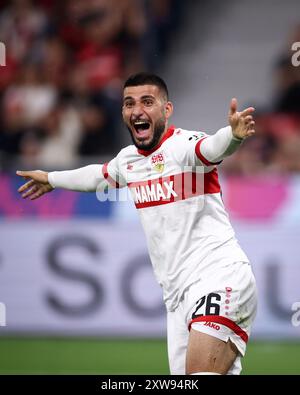 LEVERKUSEN, DEUTSCHLAND - 17. AUGUST: Deniz Undav vom VFB Stuttgart feiert beim DFL Supercup 2024 Spiel zwischen Bayer 04 Leverkusen und VfB Stuttgart am 17. August 2024 in Leverkusen das Tor mit 1:2. © diebilderwelt / Alamy Stock Stockfoto