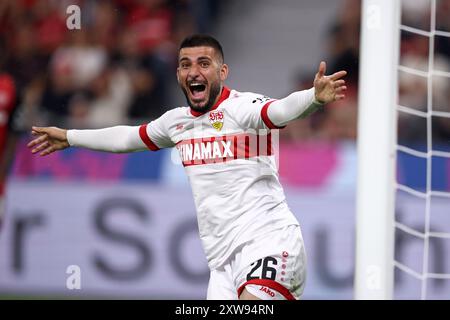 LEVERKUSEN, DEUTSCHLAND - 17. AUGUST: Deniz Undav vom VFB Stuttgart feiert beim DFL Supercup 2024 Spiel zwischen Bayer 04 Leverkusen und VfB Stuttgart am 17. August 2024 in Leverkusen das Tor mit 1:2. © diebilderwelt / Alamy Stock Stockfoto