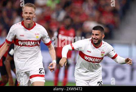 LEVERKUSEN, DEUTSCHLAND - 17. AUGUST: Deniz Undav vom VFB Stuttgart, Chris Fuehrich vom VFB Stuttgart feiert beim DFL Supercup 2024 Spiel zwischen Bayer 04 Leverkusen und VfB Stuttgart am 17. August 2024 in Leverkusen das Tor mit 1:2. © diebilderwelt / Alamy Stock Stockfoto