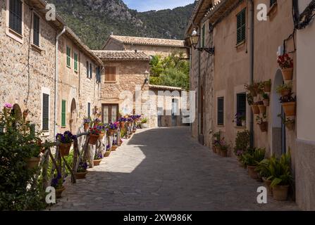 Charmante Gasse in Valldemossa, Mallorca, gesäumt von traditionellen Steinhäusern, bunten Holzläden und lebhaften Topfpflanzen an einem Sommertag. Stockfoto