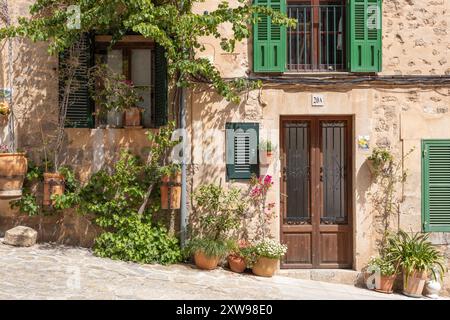 Charmante Gasse in Valldemossa, Mallorca, gesäumt von traditionellen Steinhäusern, bunten Holzläden und lebhaften Topfpflanzen an einem Sommertag. Stockfoto