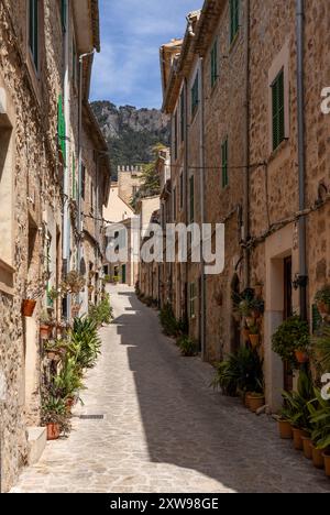 Charmante Gasse in Valldemossa, Mallorca, gesäumt von traditionellen Steinhäusern, bunten Holzläden und lebhaften Topfpflanzen an einem Sommertag. Stockfoto