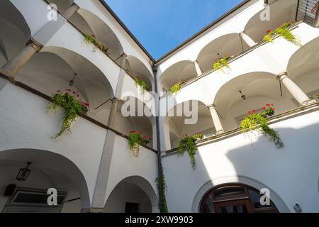 Linz, Österreich. August 2024. Außenansicht der Blumen auf dem Balkon in einem typischen Innenhof zwischen alten Gebäuden im Stadtzentrum Stockfoto