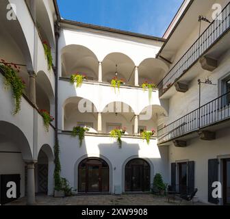 Linz, Österreich. August 2024. Außenansicht der Blumen auf dem Balkon in einem typischen Innenhof zwischen alten Gebäuden im Stadtzentrum Stockfoto