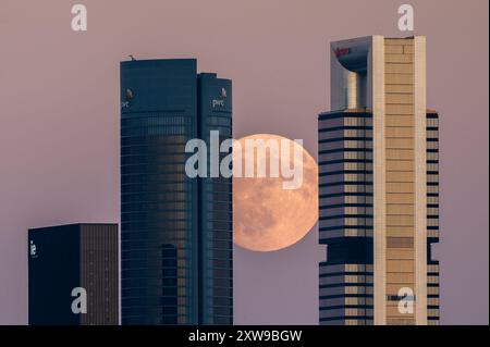 Madrid, Spanien. August 2024. Der fast Vollmond im August, bekannt als Sturgeon-Mond, erhebt sich über den Wolkenkratzern der Skyline Madrids, bekannt als Four Towers Business Area. Quelle: Marcos del Mazo/Alamy Live News Stockfoto