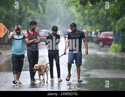 Neu-Delhi, Indien. August 2024. NOIDA, INDIEN – 18. AUGUST: Pendler treten bei Nachmittagsregen am Sektor 34 am 18. August 2024 in Noida, Indien aus. (Foto: Sunil Ghosh/Hindustan Times/SIPA USA) Credit: SIPA USA/Alamy Live News Stockfoto