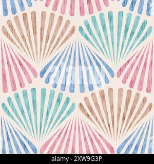 Nahtloses Retro-Marinemuster mit farbenfrohen Muscheln. Geometrisches Vintage-Muster von Muscheln im Stil der 60er Jahre. Stockfoto