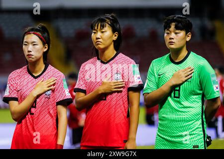 Hyeonjin Be, Suin Lee und Torhüter Kyeonghee Kim aus Korea, während der FIFA U-20-Frauen-Weltmeisterschaft Costa Rica, Frankreich gegen Korea Republik Stockfoto