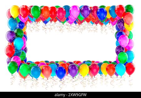 Rahmen aus farbigen Partyballons, 3D-Rendering isoliert auf weißem Hintergrund Stockfoto