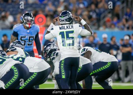 Nashville, USA. August 2024. Seattle Seahawks Quarterback PJ Walker (15). Die Seattle Seahawks spielen am 17. August 2024 im Nissan Stadium in Nashville, Tennessee, gegen die Tennessee Titans. (Foto: Kindell Buchanan/SIPA USA) Credit: SIPA USA/Alamy Live News Stockfoto