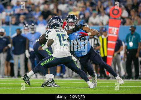 Nashville, USA. August 2024. Seattle Seahawks Quarterback PJ Walker (15). Die Seattle Seahawks spielen am 17. August 2024 im Nissan Stadium in Nashville, Tennessee, gegen die Tennessee Titans. (Foto: Kindell Buchanan/SIPA USA) Credit: SIPA USA/Alamy Live News Stockfoto