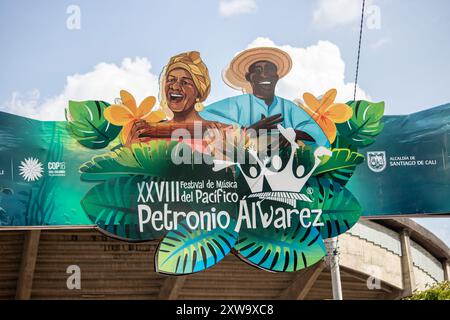 Cali, Kolumbien. August 2024. Das Petronio Alvarez Logo während des Petronio Alvarez Festivals in Cali, Kolumbien, 16. August 2024. Foto: Sebastian Marmolejo/Long Visual Press Credit: Long Visual Press/Alamy Live News Stockfoto