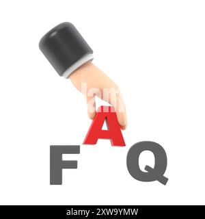 3D Hand and Word FAQ Concept,Cartoon Gesture Icon Mockup. 3D-Rendering auf weißem Hintergrund. Stockfoto