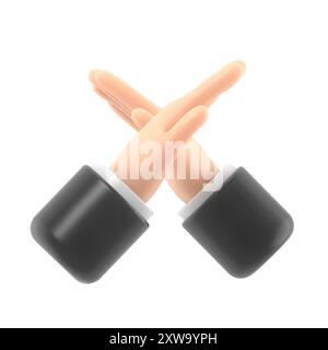 Geste gekreuzte Hände. Armkreuzende Abstoßungsausdrücke. Negatives Symbol. Stoppschild. Nein sagen Verteidigung oder Einschränkung. Flache 3D-Illustration. Stockfoto