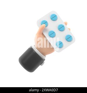 3D-Rendering. Symbol für Pillen-Packung. Doktor oder Apotheker Cartoon Hand mit schwarzer Haut hält Drogen. Illustration des medizinischen Gesundheitswesens. Pharmazeutischer Clip A Stockfoto