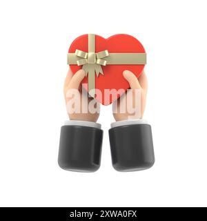 Geschenkherz am Valentinstag mit Liebeserklärung. Das Herz in der Hand mit Band und Schleife halten. Schenken Sie ein Geschenk. Abbildung Flat Design.3D ren Stockfoto