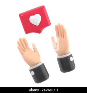 Hände, die nach einer Nadel greifen, wie mit einem Herz mit Flügeln. Soziale Metapher, die das Konzept eines neuen Publikums enthüllt und einen Kommentar veröffentlicht. 3D-Rendering auf wh Stockfoto