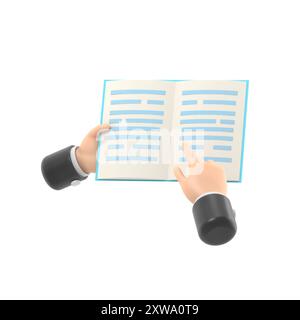 Cartoon Gesture Icon Mockup.Buch in Händen öffnen,Lesen,Bildung,3D-Rendering auf weißem Hintergrund. Stockfoto