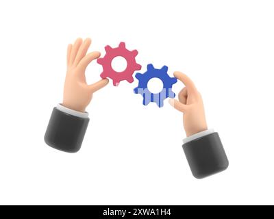 Cartoon Gesture Symbol Mockup.Hand gezeichnete 3D-Illustration von zwei Händen, die das Rasterrad halten.3D-Rendering auf weißem Hintergrund. Stockfoto
