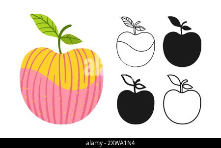 Apple Symbol Zeichentrickset. Saftiges, ganz reifes rosafarbenes Apfel-Symbol mit linearer Kritzelung. Abstrakte flache handgezeichnete Frucht. Signieren Sie stilisierte einfache, süße, lustige lineare Kunst für Kinder. Vektorgrafik für Clipart Stock Vektor